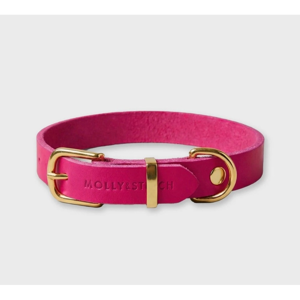 Molly & Stitch Butter Leather Dog Collar Flamingo Pink Brass XXL Made in Austria